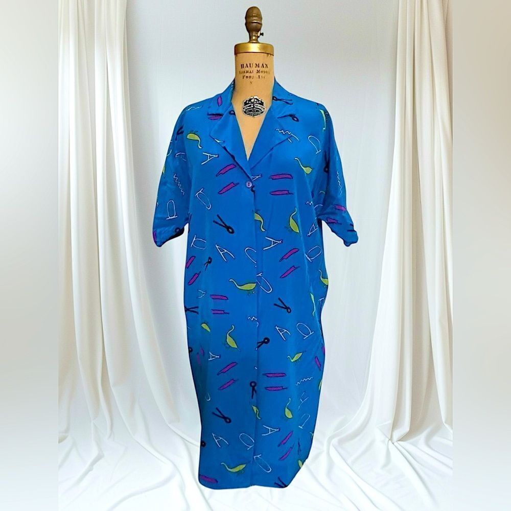 Vintage 90s Silk Studio Blue Shirt Dress with Stylized Egyptian Print Size 12
